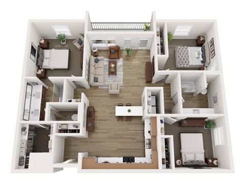 Floor plan for 3 beds, 2 baths, 1296 sqft
